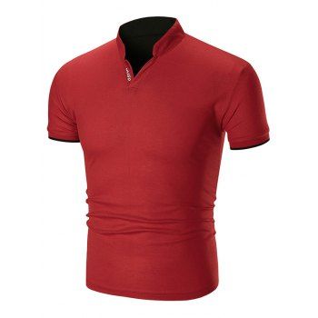

Two Tone Letter Detail Stand Collar T Shirt, Red