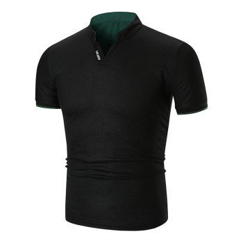 

Two Tone Letter Detail Stand Collar T Shirt, Black