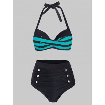 

Striped Moulded Mock Button Tummy Control Bikini Swimwear, Macaw blue green