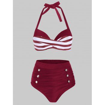 

Striped Moulded Mock Button Tummy Control Bikini Swimwear, Red wine