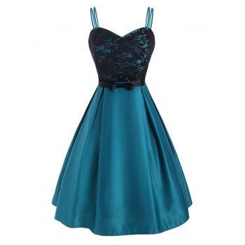 

Flower Lace Belted Dual Straps Party Dress, Blue ivy