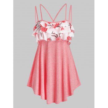 

Plus Size Flower Ruffle Double Strap Criss Cross Cami Top, Bean red