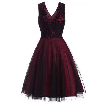 

Lace Overlay Sleeveless Surplice Party Dress, Red wine