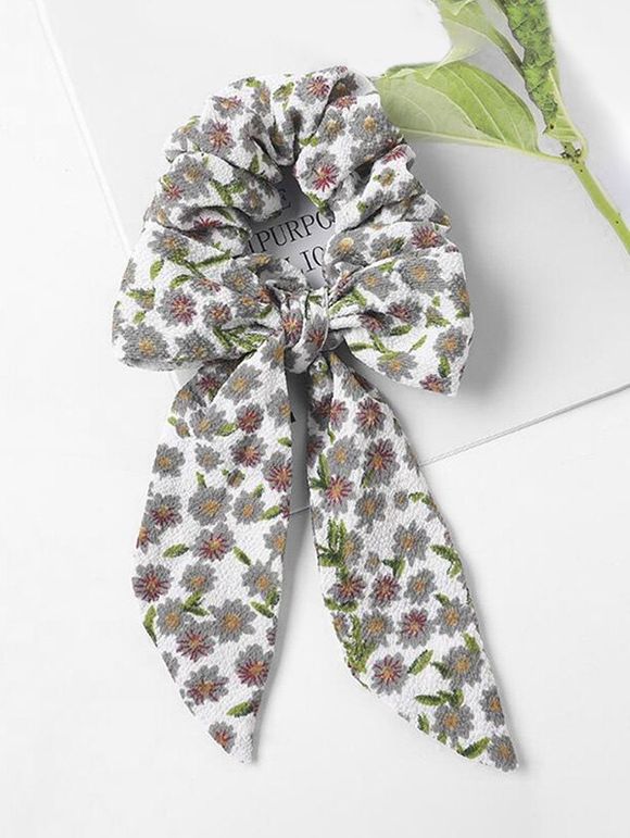 Chouchou Fleuri Imprimé avec Nœud Papillon en Tissu - Blanc 
