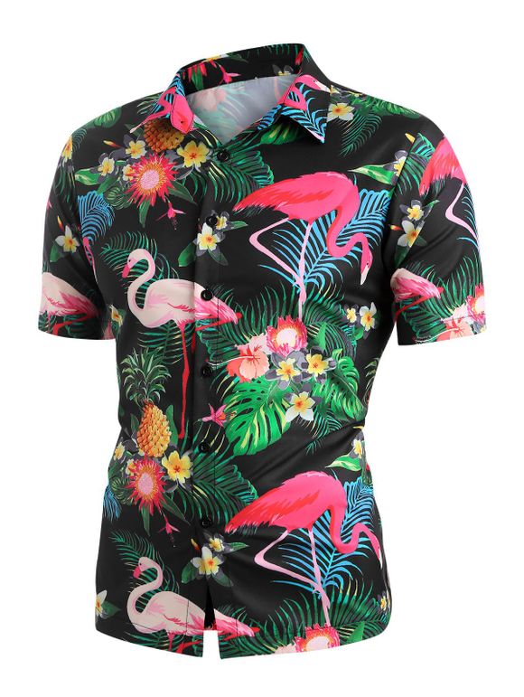Flamingo Tropical Plant Print Beach Shirt - multicolor A 2XL
