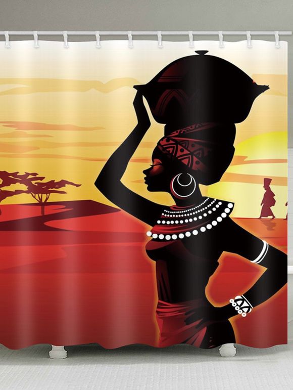 Rideau de Douche Imperméable Fille Africaine et Coucher du Soleil Imprimés pour Salle de Bain - Rouge W71 X L79 INCH