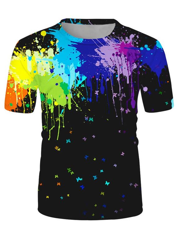 T-shirt Peinture Eclaboussée et Papillon Imprimés à Manches Courtes - multicolor XL