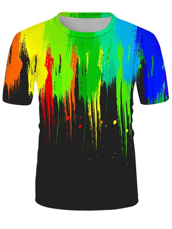 T-shirt Long Peinture Eclaboussée Imprimée à Col Rond - multicolor 2XL