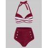 Maillot de Bain Bikini Boutonné Rayé - Rouge Vineux 2XL