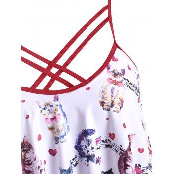 

Plus Size Cat Musical Notes Print Crisscross Tankini Swimwear, Red wine