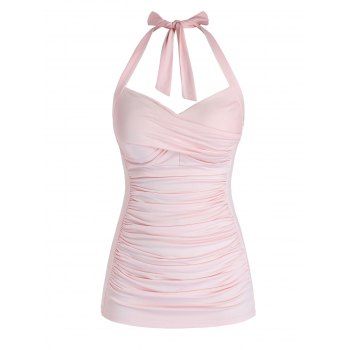 

Plus Size Halter Ruched Crossover Tank Top, Pig pink
