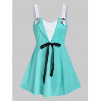 

Button Patchwork A Line Tank Top, Light aquamarine