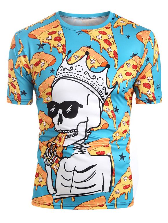 T-shirt Pizza Crâne Squelette Imprimé - Bleu Océan 2XL