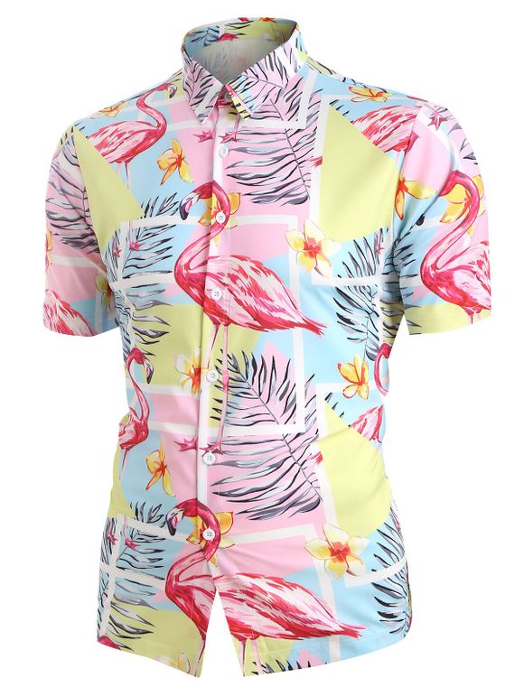Chemise Hawaïen Flamant et Feuille Tropicale Imprimés - multicolor A L