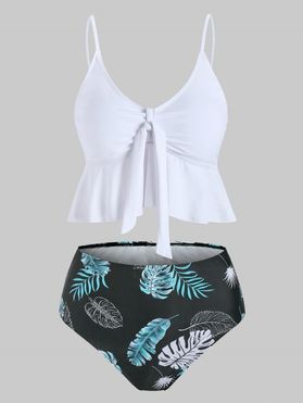Tropical Tankini Swimwear Tummy Control Swimsuit Leaf Print Tied Peplum High Waisted Beach Bathing Suit