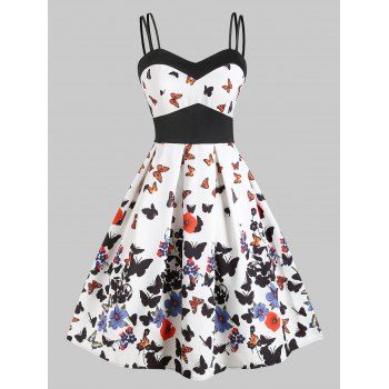 

Butterfly Print Empire Waist Dual Straps Dress, White