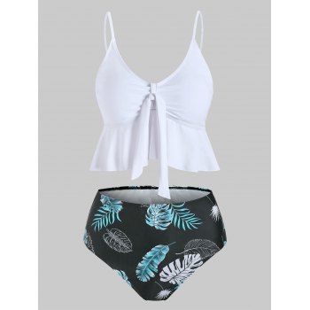 

Tropical Leaf Print Tied Peplum High Waisted Tankini Swimwear, White