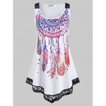 Plus Size Lace Insert Feather Print Tank Top