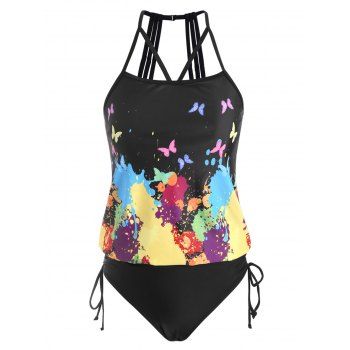

Butterfly Print Tied Tankini Swimwear, Black