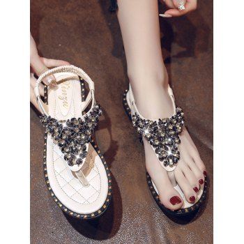 

Rhinestone Elastic T-strap Post Thong Flat Sandals, Beige