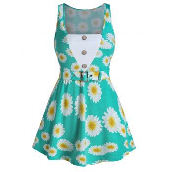 

Daisy Print Mock Button Belted Tank Top, Aquamarine