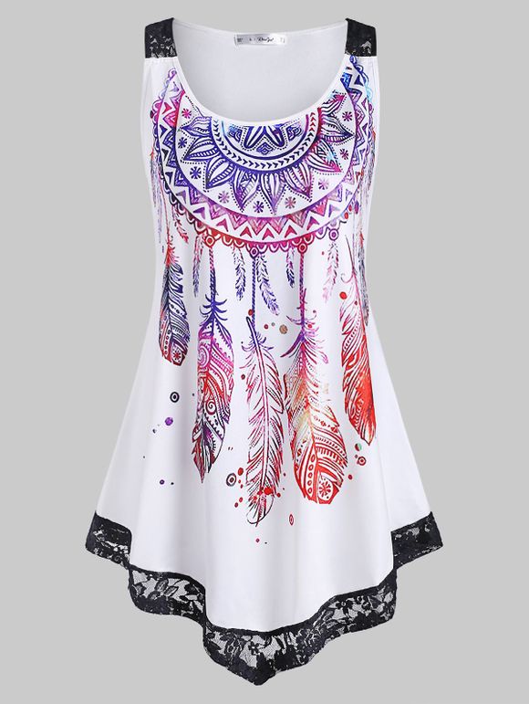 Plus Size Lace Insert Feather Print Tank Top - WHITE 3X