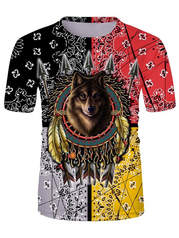 T-shirt Indien Loup Imprimé à Manches Courtes - multicolor 3XL