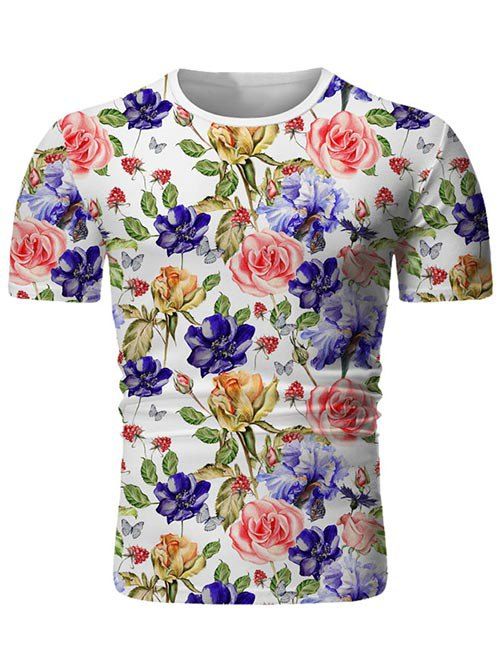 T-shirt Fleur Imprimée à Col Rond - Blanc 3XL