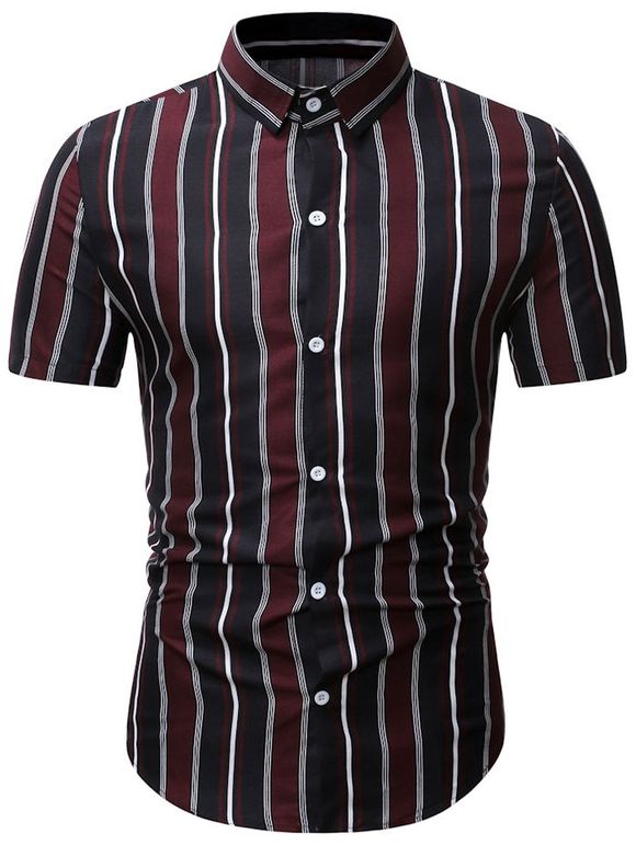 Short Sleeve Stripes Print Button Shirt - RED WINE M