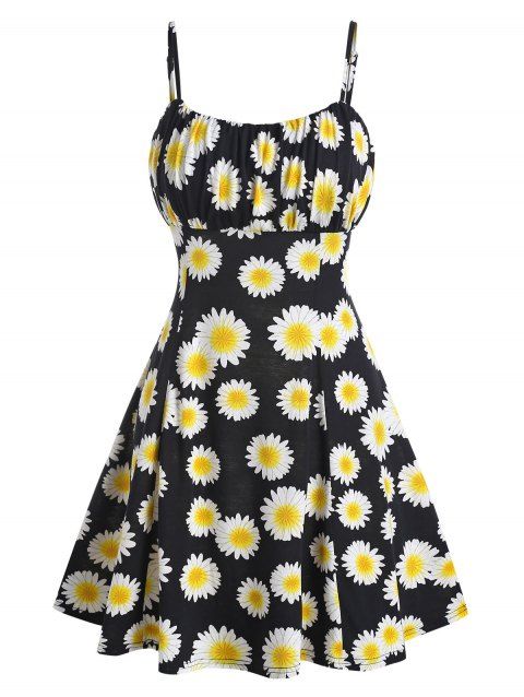 Sunflower Print Ruched Cami A Line Dress