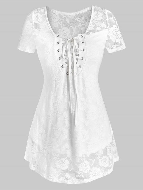 Floral Lace Sheer Lace Up Curved Hem See Through Top