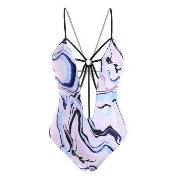 

Lattice Caged Keyhole Cross One-piece Print Swimsuit, Multicolor a