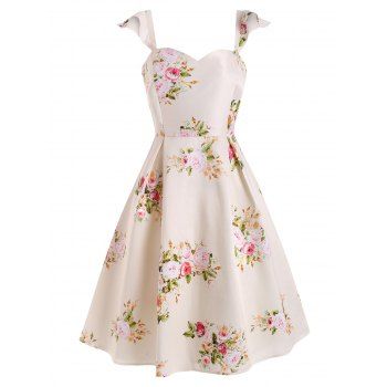 

Flower Print Ruffle Sweetheart Dress, Cream