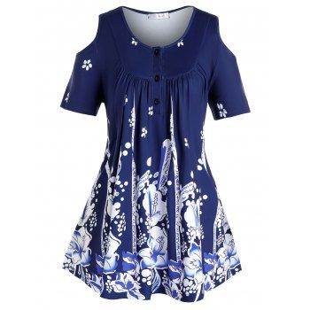 

Plus Size Cold Shoulder Floral Print Henley T Shirt, Cadetblue