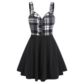 

Gothic Plaid O Ring Zip Buckle Flare Cami Dress, Black