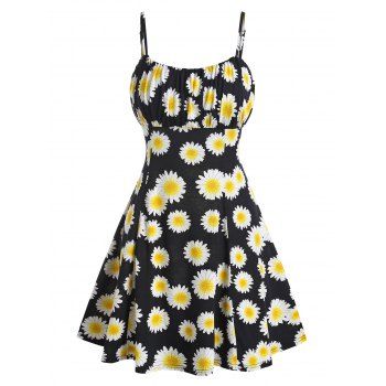 

Vacation Sunflower Print Sundress Ruched Summer Cami A Line Dress, Black