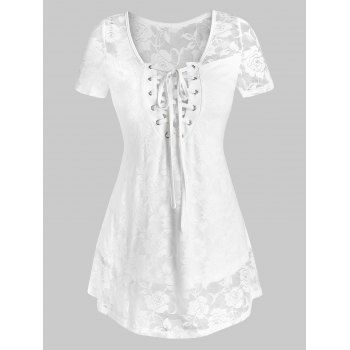 Curved Hem Lace-up Flower Lace Top