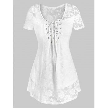 

Floral Lace Sheer Lace Up Curved Hem See Through Top, White