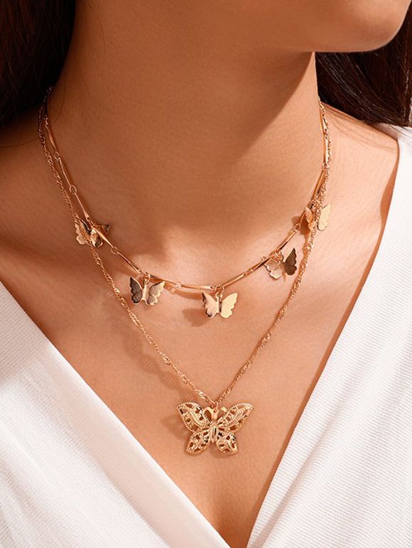 Double Layer Butterfly Charm Necklace - GOLD 