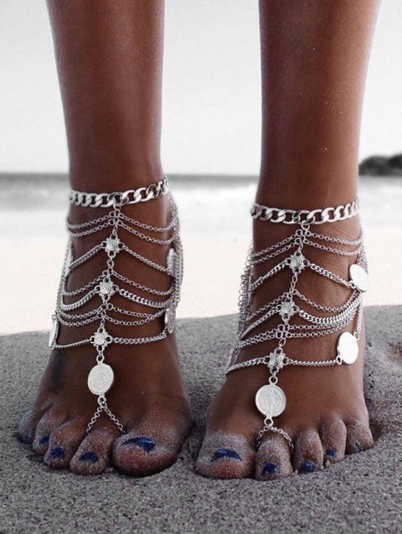 Toe Ring Layered Chain Coin Anklet - SILVER 