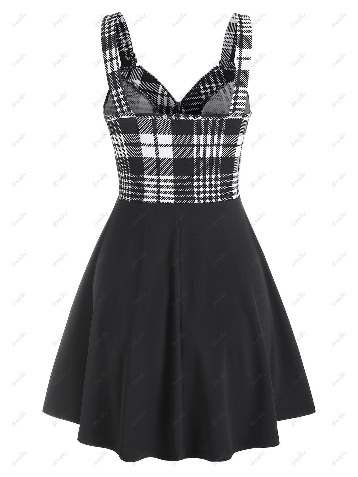 Robe Demi-Zip à Carreaux Imprimé sans Manches - Noir 3XL