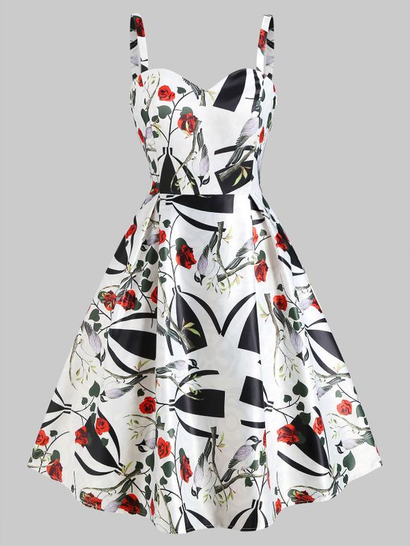 Robe Oiseau Fleur Imprimé à Taille Haute - Blanc 2XL