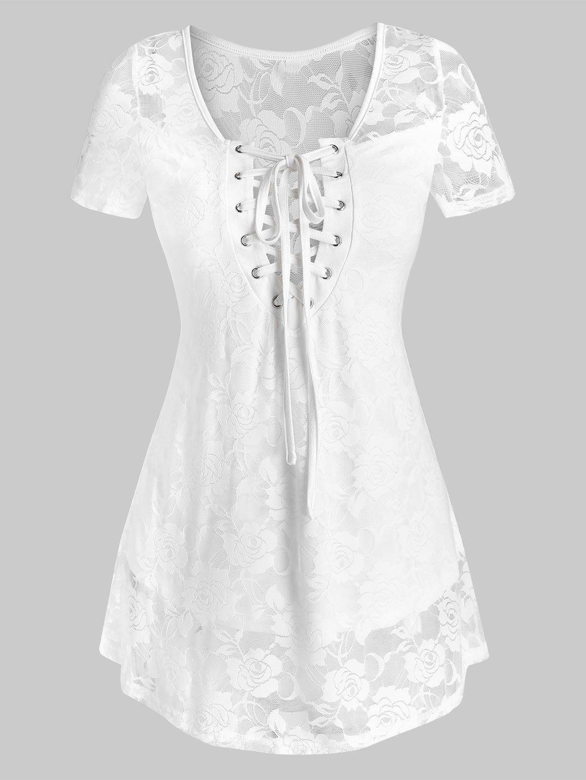 Floral Lace Sheer Lace Up Curved Hem See Through Top - WHITE 2XL