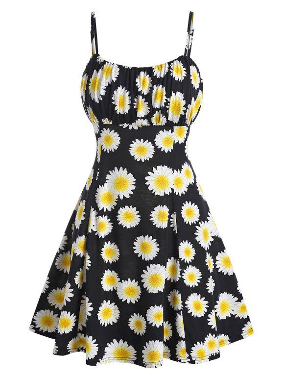Vacation Sunflower Print Sundress Ruched Summer Cami A Line Dress - BLACK 3XL