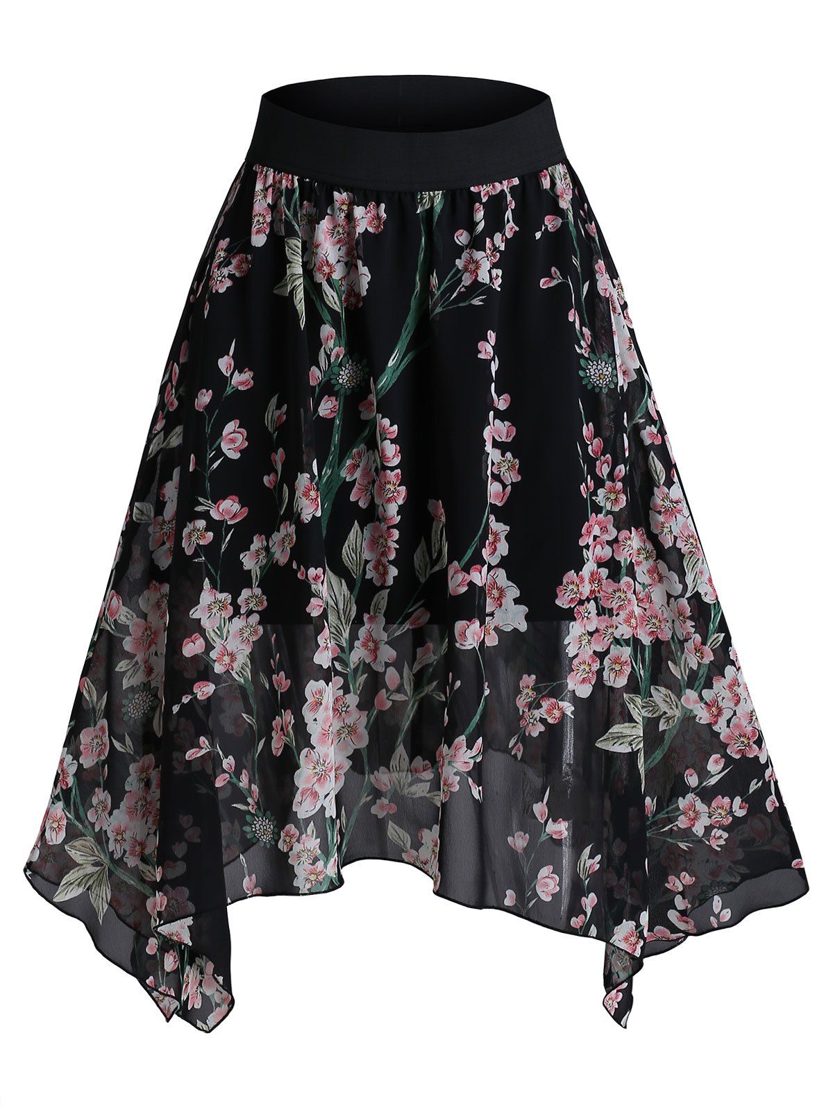 Floral Print Handkerchief Chiffon Skirt - BLACK M