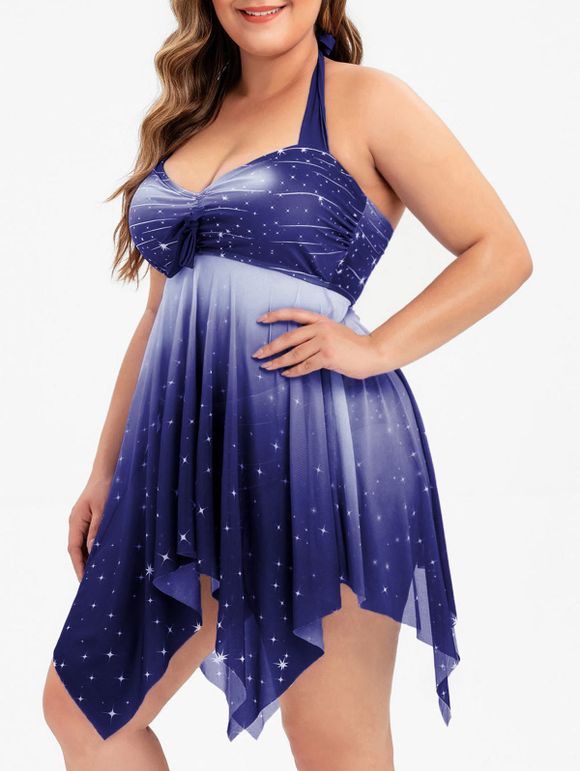 Sparkle Stars Bowknot Mesh Panel Handkerchief Plus Size Tankini Swimsuit - NAVY BLUE L
