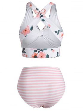 Floral Striped Ruched Crisscross Tankini Swimwear