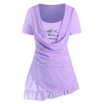 

Plus Size Cowl Front Overlay Letter Print T Shirt, Mauve