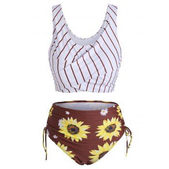 

Striped Sunflower Cinched Twist Tankini Swimwear, Red wine