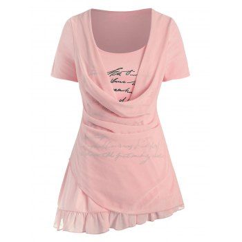 

Plus Size Cowl Front Overlay Letter Print T Shirt, Pink